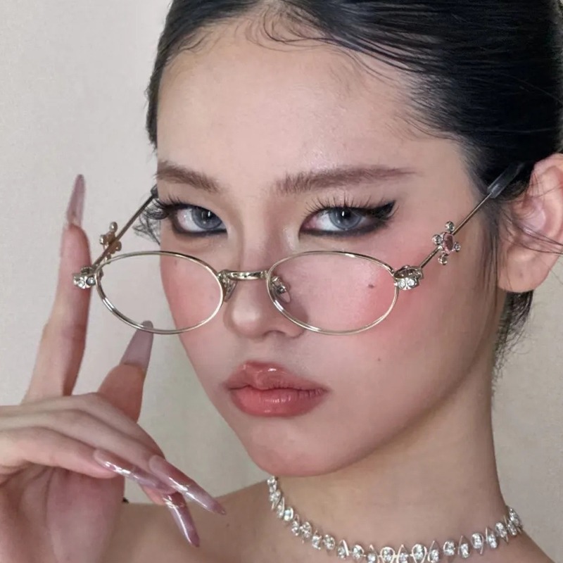Anti Blue Light Film - แว่นตากรอบเล็กฝังเพชรโลหะย้อนยุคป้องกันแสงสีฟ้าแว่นตาสำหรับผู้หญิง Y2K แว่นตาไรน์สโตนแว่นตาอ่านหนังสือสำหรับเด็กผู้หญิง